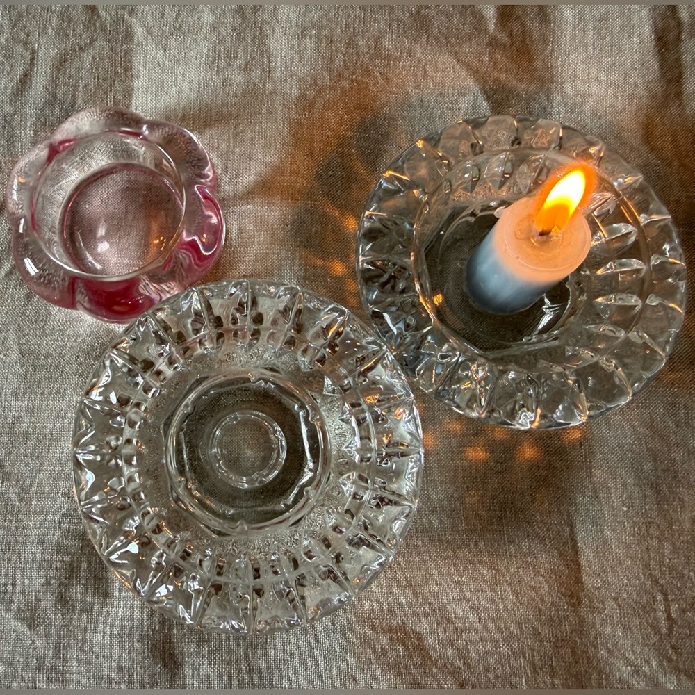 Vintage Pressed Glass Candlestick Holders + Pink Tealight – Set of 3
